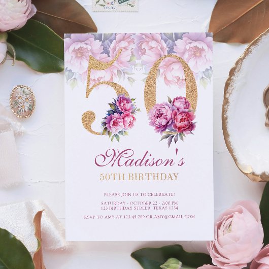Invitation Luxe 50e anniversaire Floral Pink Gold Parties sci