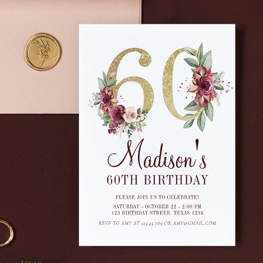 Invitation Luxe 60e anniversaire Bourgogne or Floral