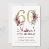 Invitation Luxe 60e anniversaire Bourgogne or Floral (Devant)