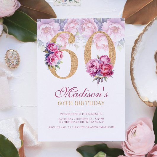 Invitation Luxe 60e anniversaire Floral Pink Gold Parties sci