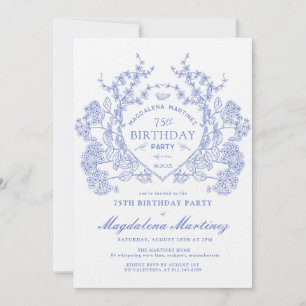 Invitation LUXE 75e anniversaire Vintage Blue Floral Crest