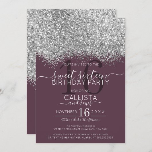 Invitation Luxe Argent Parties scintillant violet Confetti Sw (Devant / Derrière)