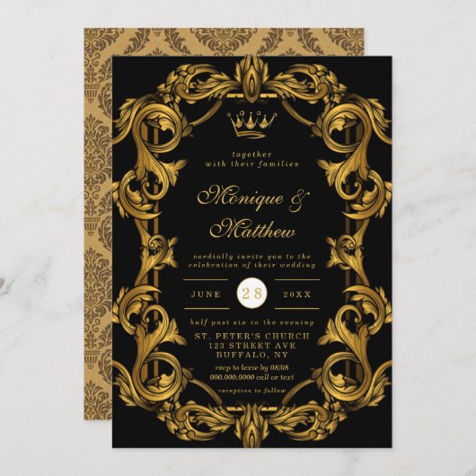 Invitation Luxe Art Nouveau Black Gold Royal Mariage Invita (Devant / Derrière)