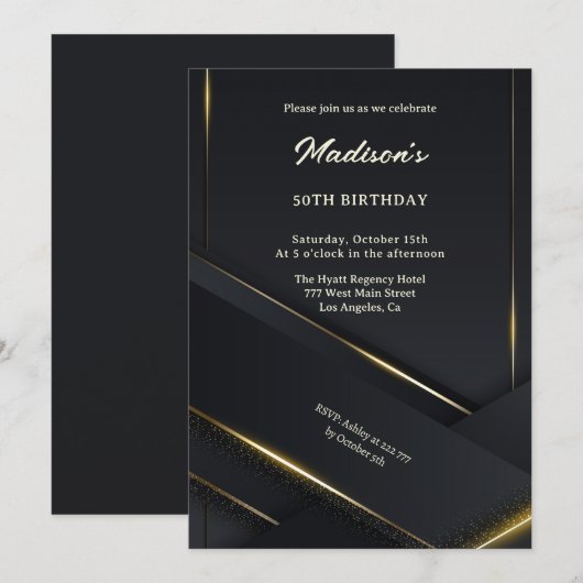 Invitation Luxe Black Arrière - plan Gold Lines Anniversaire (Devant / Derrière)