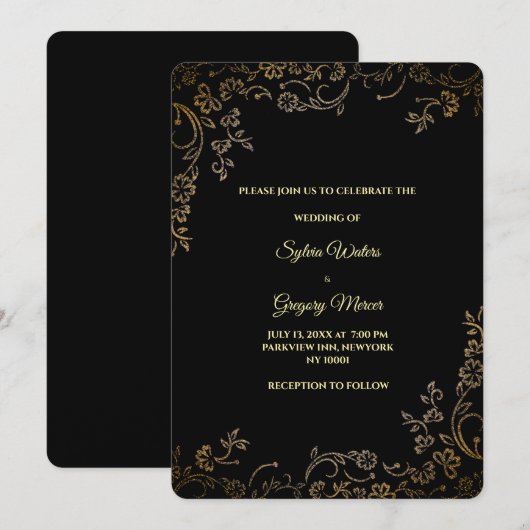 Invitation Luxe Black & Gold Elegant Floral Moderne Bohème (Devant / Derrière)