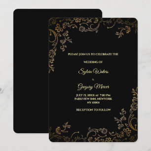 Invitation Luxe Black & Gold Elegant Floral Moderne Bohème