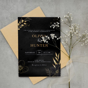 Invitation Luxe Black & Gold Floral minime Photo élégante
