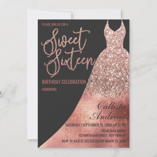 Invitation Luxe Black Rose Gold Parties scintillant robe Swee (Devant)