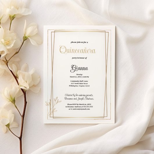 Invitation Luxe blanc et or minimaliste Quinceañera