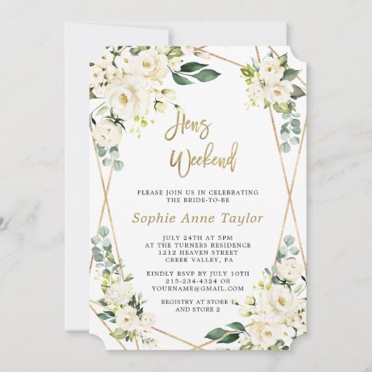 Invitation Luxe Blanc Floral Or Bachelorette Weekend (Devant)