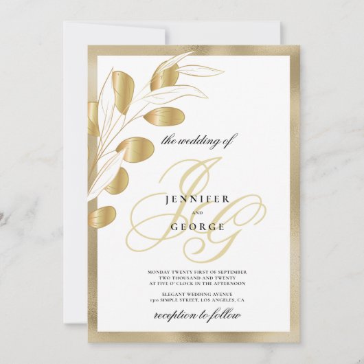Invitation Luxe blanc or monogramme initiales mariage floral (Devant)