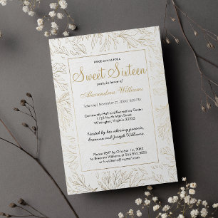 Invitation Luxe blanc or parties scintillant feuillage fleuri