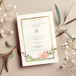 Invitation Luxe blanc or rose menthe mariage fleurie printemp