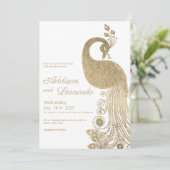 Invitation Luxe blanc or royal paon élégant Mariage (Debout devant)