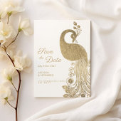 Invitation Luxe blanc or royal paon Enregistrer la date