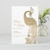 Invitation Luxe blanc or royal paon Enregistrer la date (Debout devant)