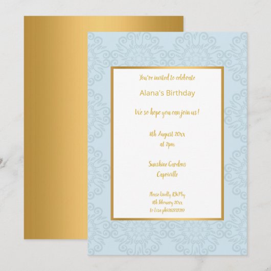 INVITATION LUXE BLEU CLAIR OR ABSTRAIT ANNIVERSAIRE (Devant / Derrière)