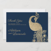 Invitation Luxe bleu or royal paon élégant Merci (Devant)