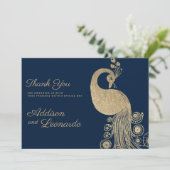 Invitation Luxe bleu or royal paon élégant Merci (Debout devant)