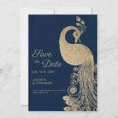 Invitation Luxe bleu or royal paon Enregistrer la date (Devant)