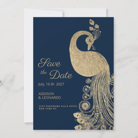 Invitation Luxe bleu or royal paon Enregistrer la date (Devant)