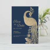 Invitation Luxe bleu or royal paon Enregistrer la date (Debout devant)