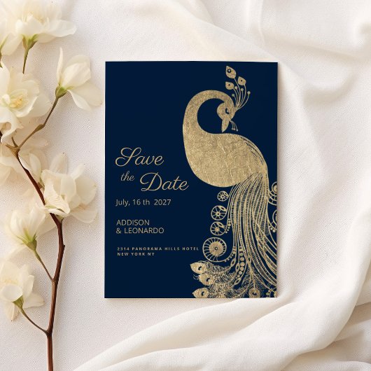 Invitation Luxe bleu or royal paon Enregistrer la date