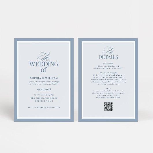 Invitation Luxe Bleu Poussiéreux avec Code QR RSVP | Mariage