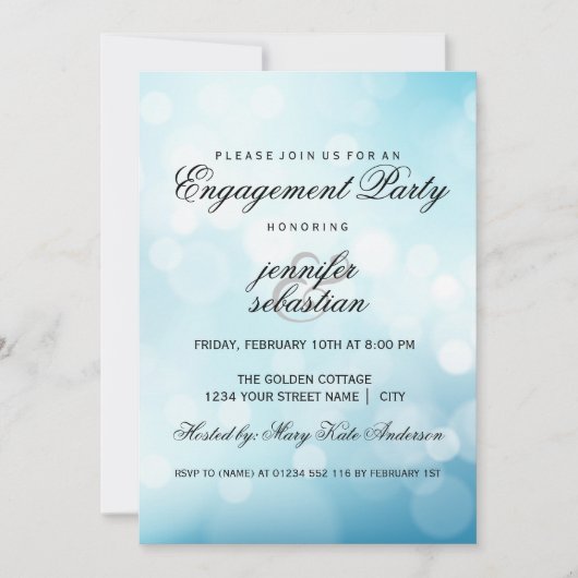 Invitation Luxe Blue Bokeh Light Chic Engagement Party (Devant)