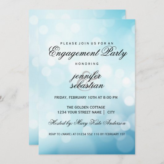 Invitation Luxe Blue Bokeh Light Chic Engagement Party (Devant / Derrière)