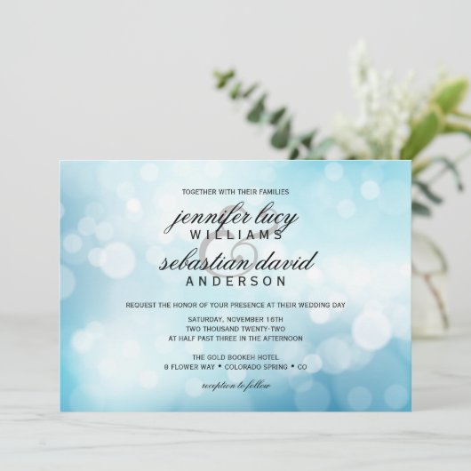 Invitation Luxe Blue Bokeh Light Chic Mariage (Debout devant)
