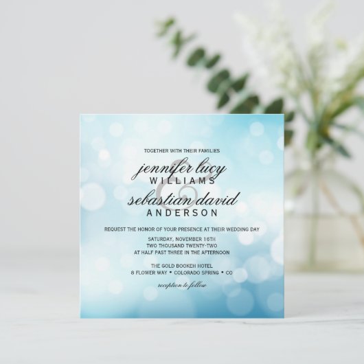Invitation Luxe Blue Bokeh Light Chic Mariage (Debout devant)