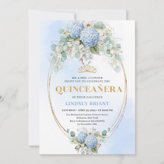 Invitation Luxe Blue Hydrangeas Greenery 15th Birthday Invite (Devant)
