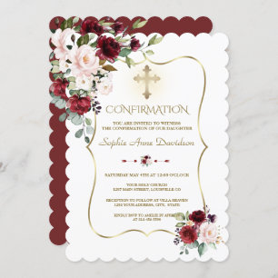 Invitation Luxe Blush Bourgogne Fleurs Fille Confirmation