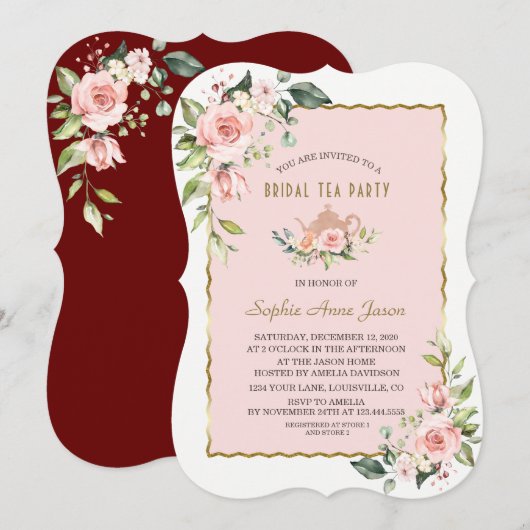 Invitation Luxe Blush Floral Gold Frame Bridal Tea Party (Devant / Derrière)