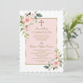 Invitation Luxe Blush Rose Floral Or Première Communion Saint (Debout devant)