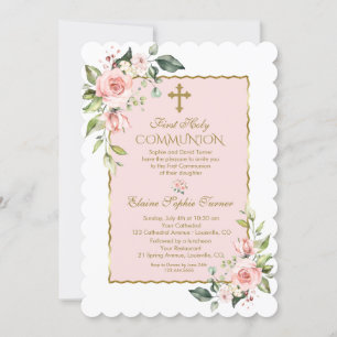 Invitation Luxe Blush Rose Floral Or Première Communion Saint