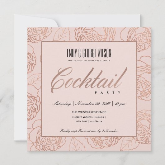 INVITATION LUXE BLUSH ROSE ROSE OR FLORAL COCKTAIL PARTI (Devant)