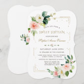 Invitation Luxe Blush White Flowers Gold Parties scintillant  (Devant / Derrière)