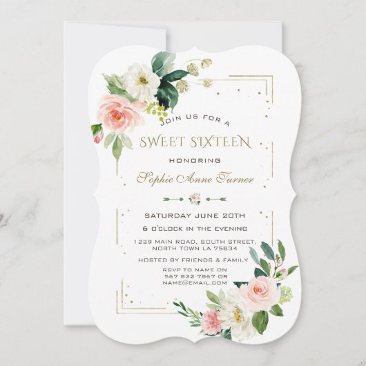 Invitation Luxe Blush White Flowers Gold Parties scintillant  (Devant)