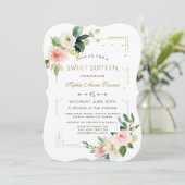 Invitation Luxe Blush White Flowers Gold Parties scintillant  (Debout devant)