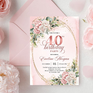Invitation Luxe Bohème Fleurs Rose Pâle 40e Anniversaire