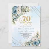Invitation Luxe bohemian blue florals gold 70th birthday (Devant)