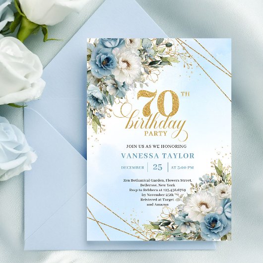 Invitation Luxe bohemian blue florals gold 70th birthday
