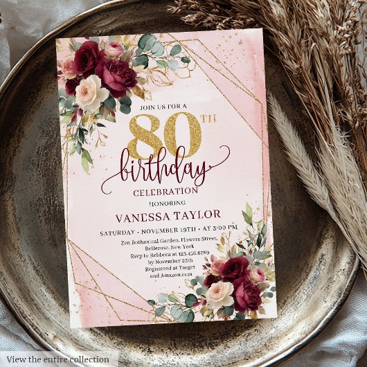 Invitation Luxe Boho Bourgogne Gold Roses 80e anniversaire In