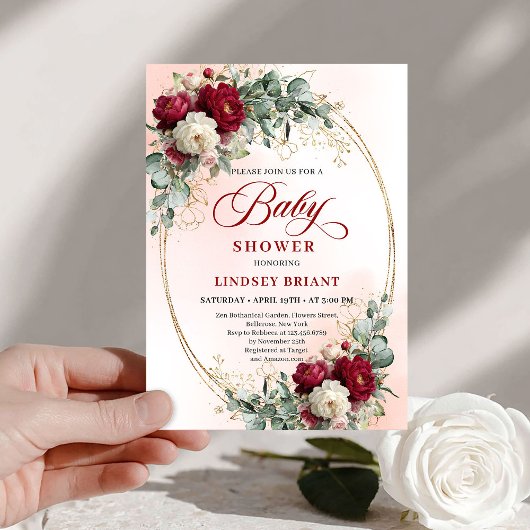 Invitation Luxe Boho Maroon Floral Gold Baby Shower Invitatio