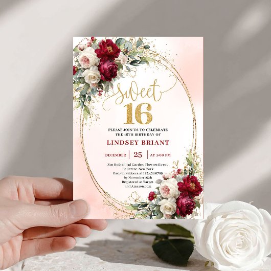 Invitation Luxe Boho Marron Or Fleurs Sweet Sixtee