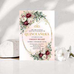 Invitation Luxe Boho Pivoines Rouge Profond Eucalyptus Quince