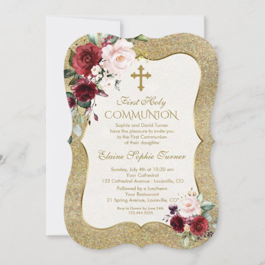Invitation Luxe Bourgogne Blush Floral Gold Première communio (Devant)