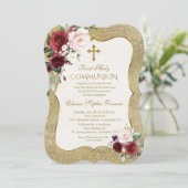 Invitation Luxe Bourgogne Blush Floral Gold Première communio (Debout devant)
